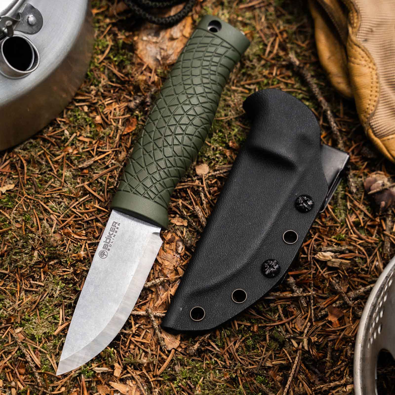 Böker Bronco Mini CPM-3V Green Scandi – Bushcraft-Messer mit Kydexscheide
