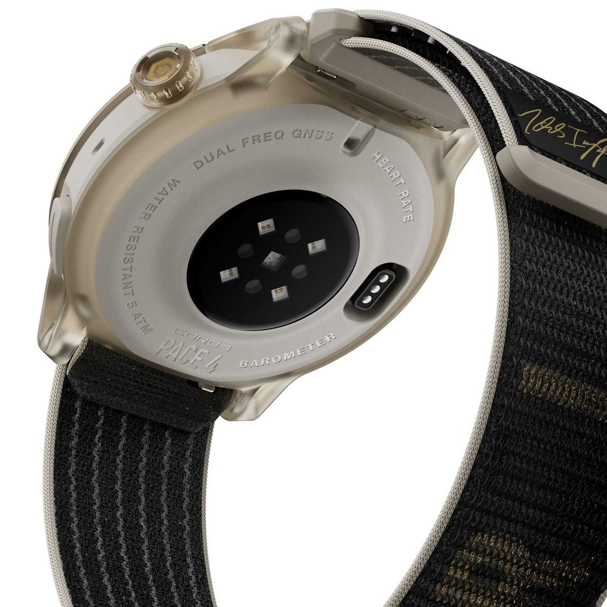Coros Pace 4 GPS-Sportuhr mit Nylon-Armband - Jakob Ingebrigtsen Edition - Gold - Ansicht von Unterseite