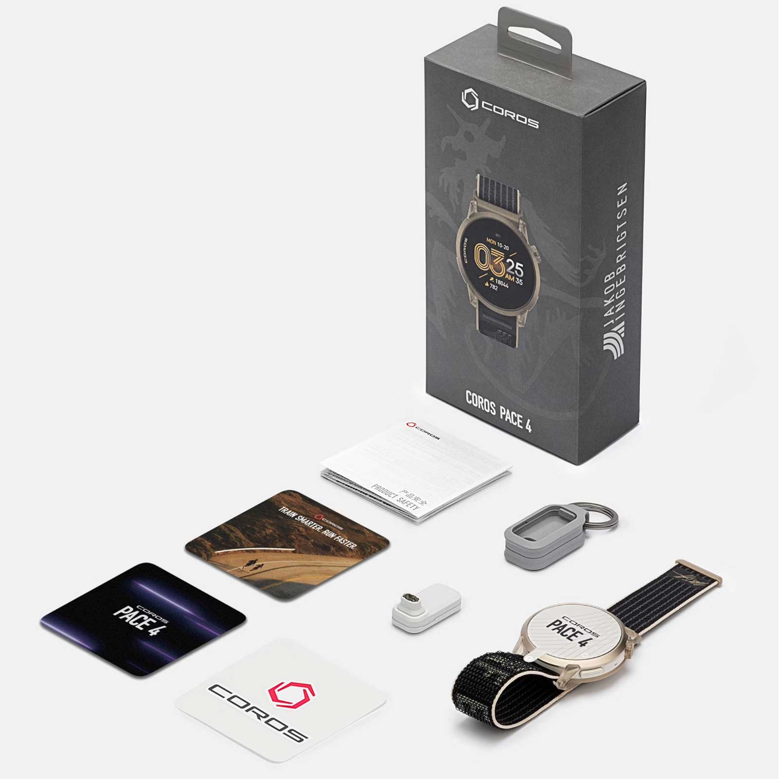 Coros Pace 4 GPS-Sportuhr mit Nylon-Armband - Jakob Ingebrigtsen Edition - Gold - Detailansicht des Lieferumfangs