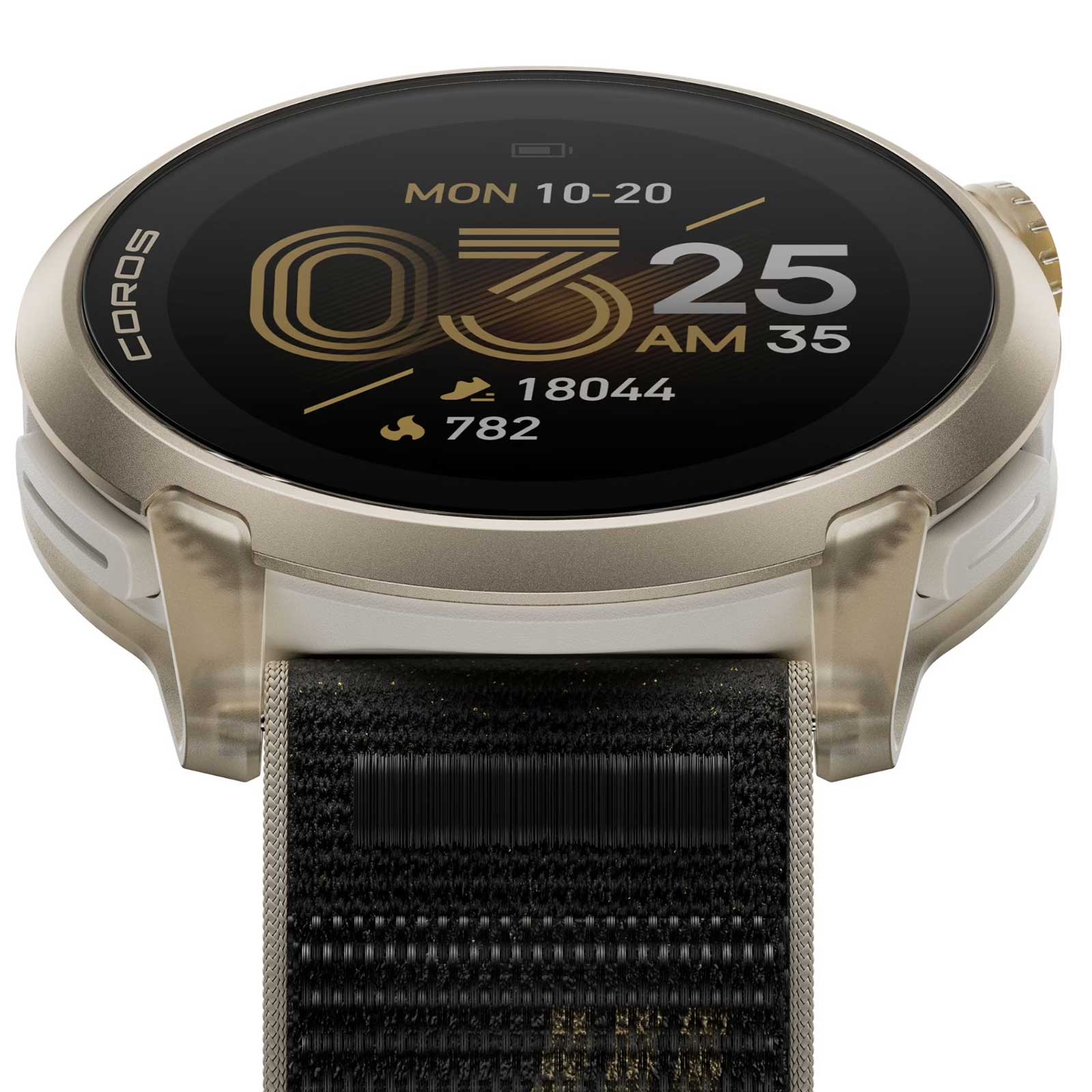 Coros Pace 4 GPS-Sportuhr mit Nylon-Armband - Jakob Ingebrigtsen Edition - Gold - Detailansicht vom Display