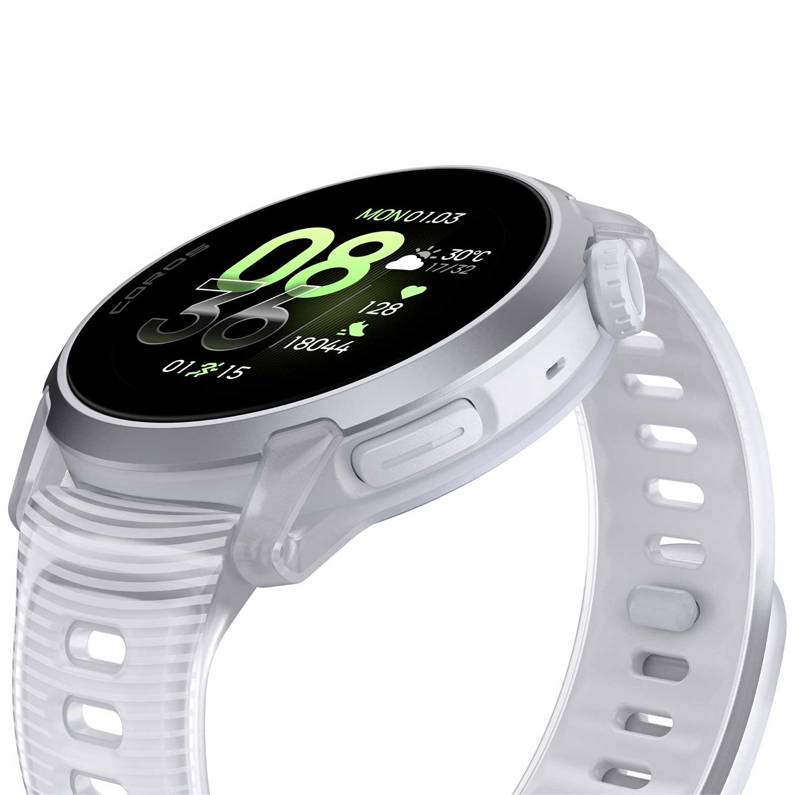 Coros PACE 4 GPS-Sportuhr - Premium mit Aluminiumgehäuse & Silikonband in weiß - Ansicht Oled Display seitlich