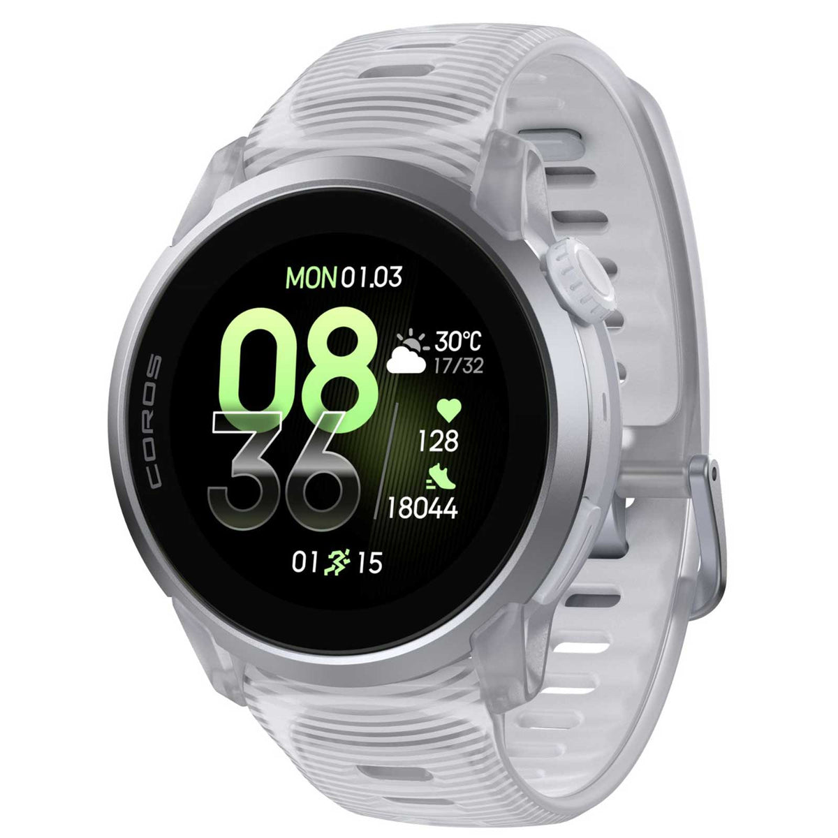 Coros PACE 4 GPS-Sportuhr - Premium mit Aluminiumgehäuse & Silikonband in weiß - Ansicht seitlich von vorn