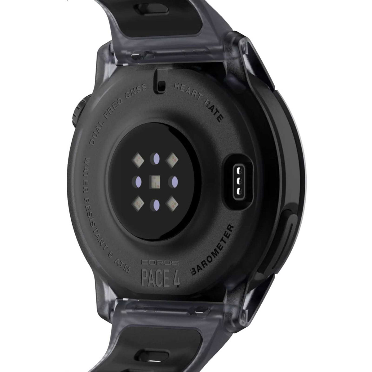 Coros PACE 4 GPS-Sportuhr - Premium mit Aluminiumgehäuse & Silikonband in schwarz - Ansicht Rückseite