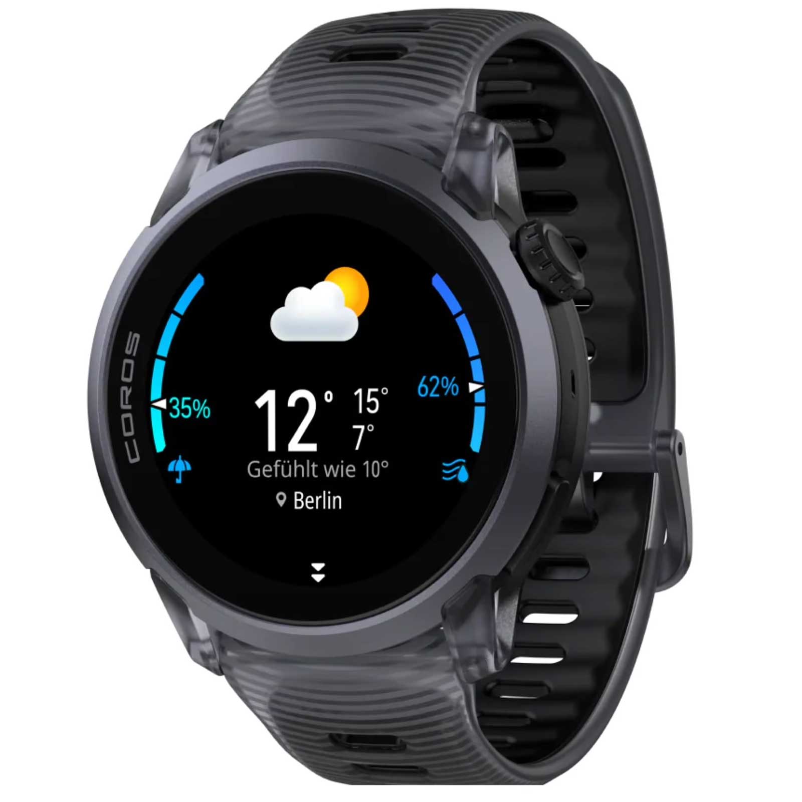 Coros PACE 4 GPS-Sportuhr - Premium mit Aluminiumgehäuse & Silikonband in schwarz - Ansicht seitlich von vorn