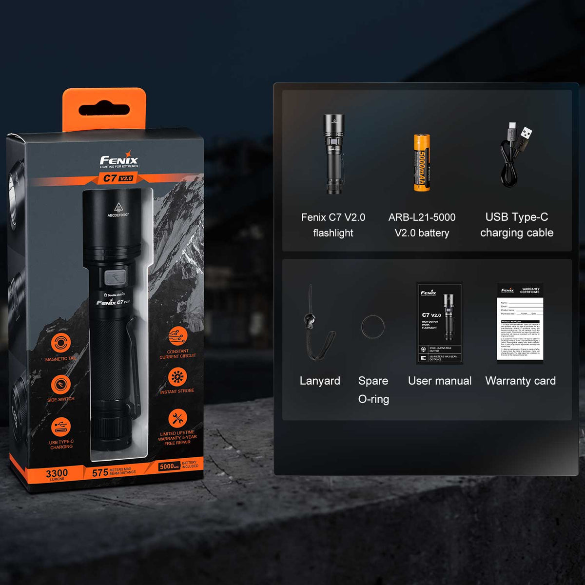 Fenix C7 V2.0 LED Taschenlampe Lieferumfang Box Karton Inhalt