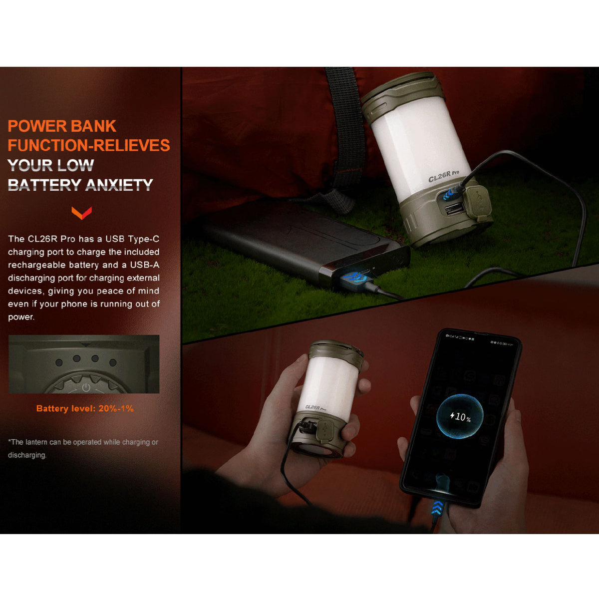 Fenix CL26R Pro – LED Campingleuchte mit 650 Lumen, Powerbank, USB-C – USB-C Ladeanschluss / Bedienung und Schalter