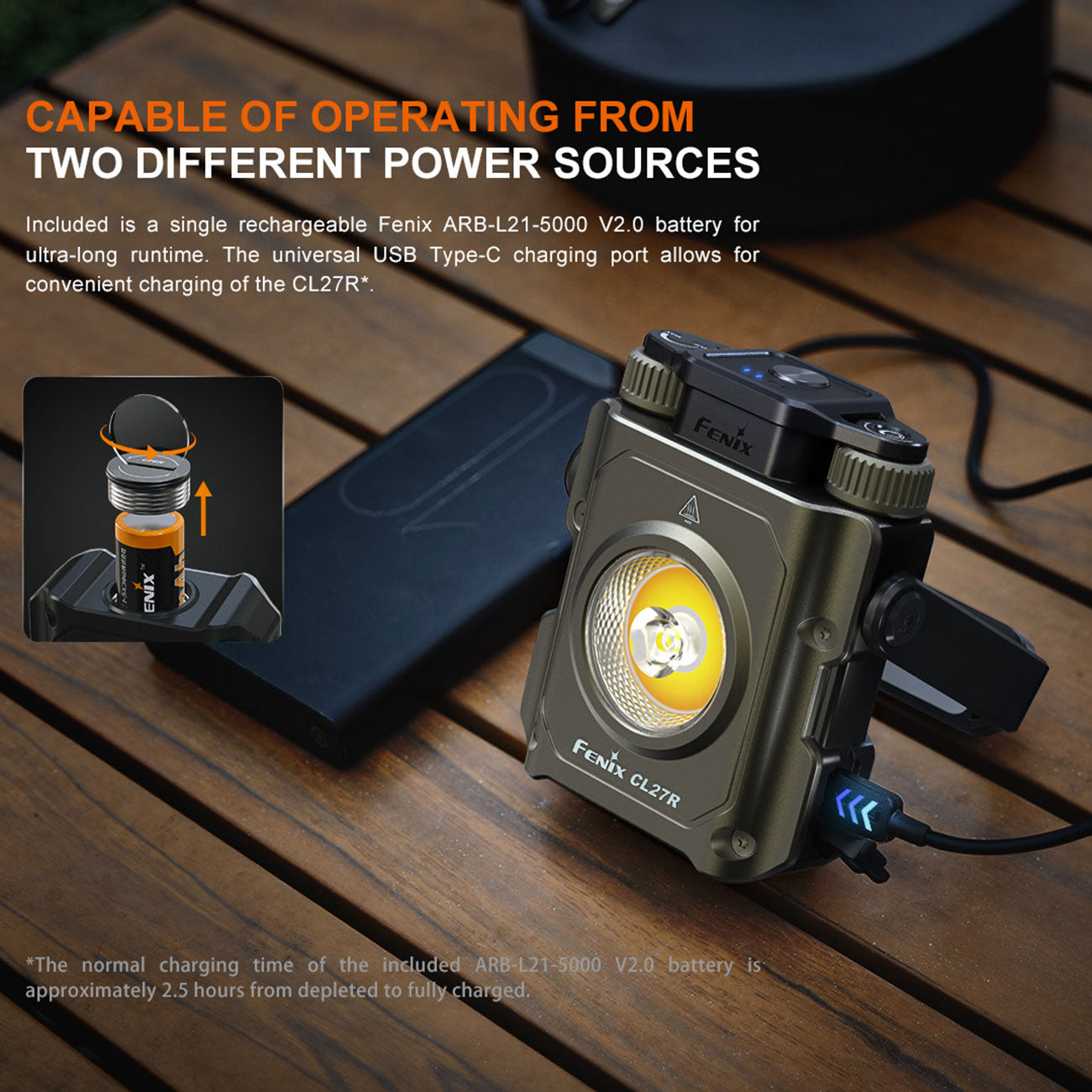 Fenix CL27R – Camping- und Arbeitsleuchte mit Spot- und Flutlicht, 1600 lm, Akku, USB-C – LEDs und Reflektor / USB-C Ladeanschluss