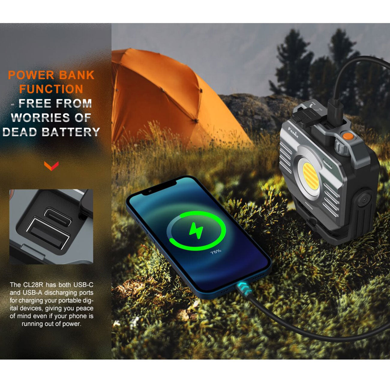 Fenix CL28R - multifunktionale LED Outdoor-Leuchte, 21700 Akku, Powerbank, USB ladbar – Detailansicht