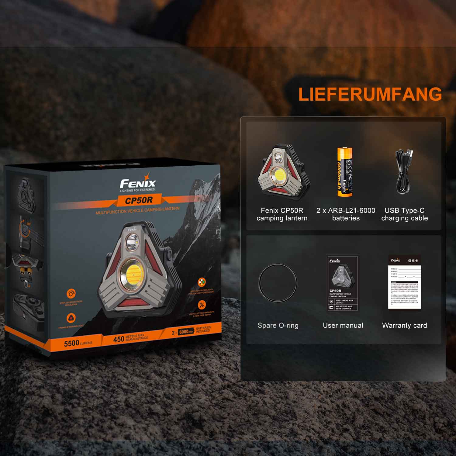 Fenix CP50R – LED Campingleuchte mit Akku, 5500 Lumen, USB & stufenloser Dimmer, 2700K–6500K – Detailansicht