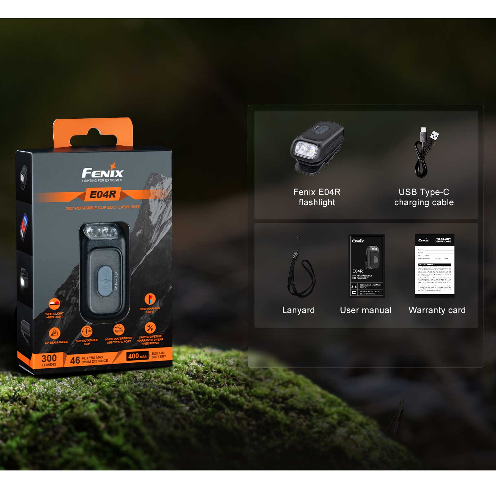 Fenix E04R – 360° drehbare Cliplampe mit 300 Lumen, Rotlicht, Akku, USB-C – Lieferumfang und Verpackung