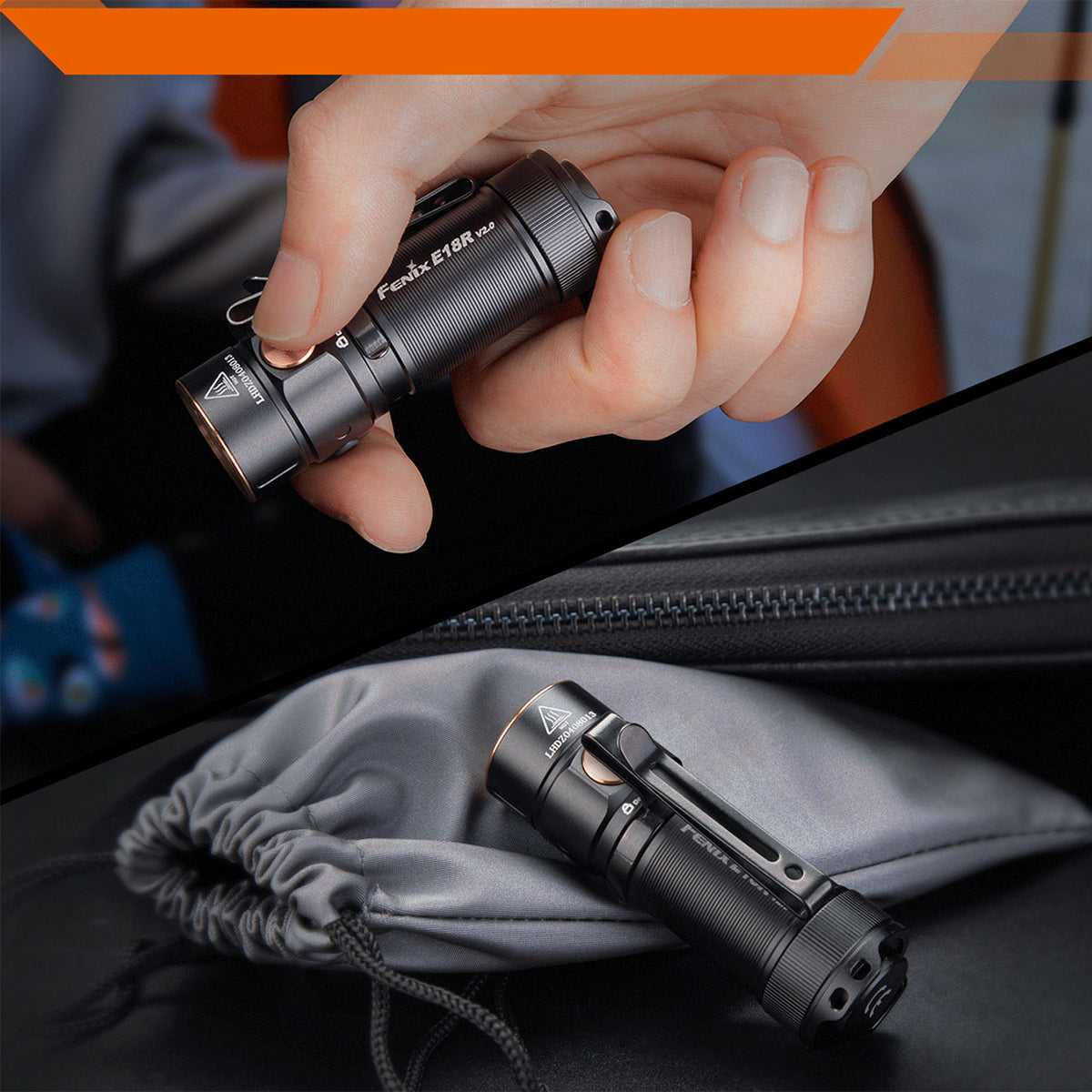 Fenix E18R V2.0 – kompakte EDC Taschenlampe mit 1200 lm, Akku, USB-C, Magnetfuß – Größenvergleich in der Hand, Lichtbild und Leuchtleistung