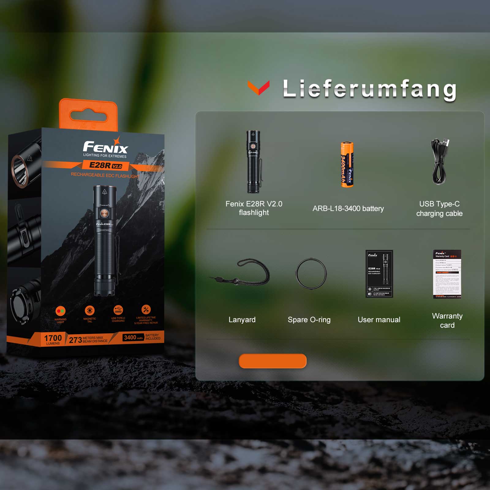Fenix E28R V2.0 – LED-Taschenlampe – Lieferumfang unboxing was ist im karton