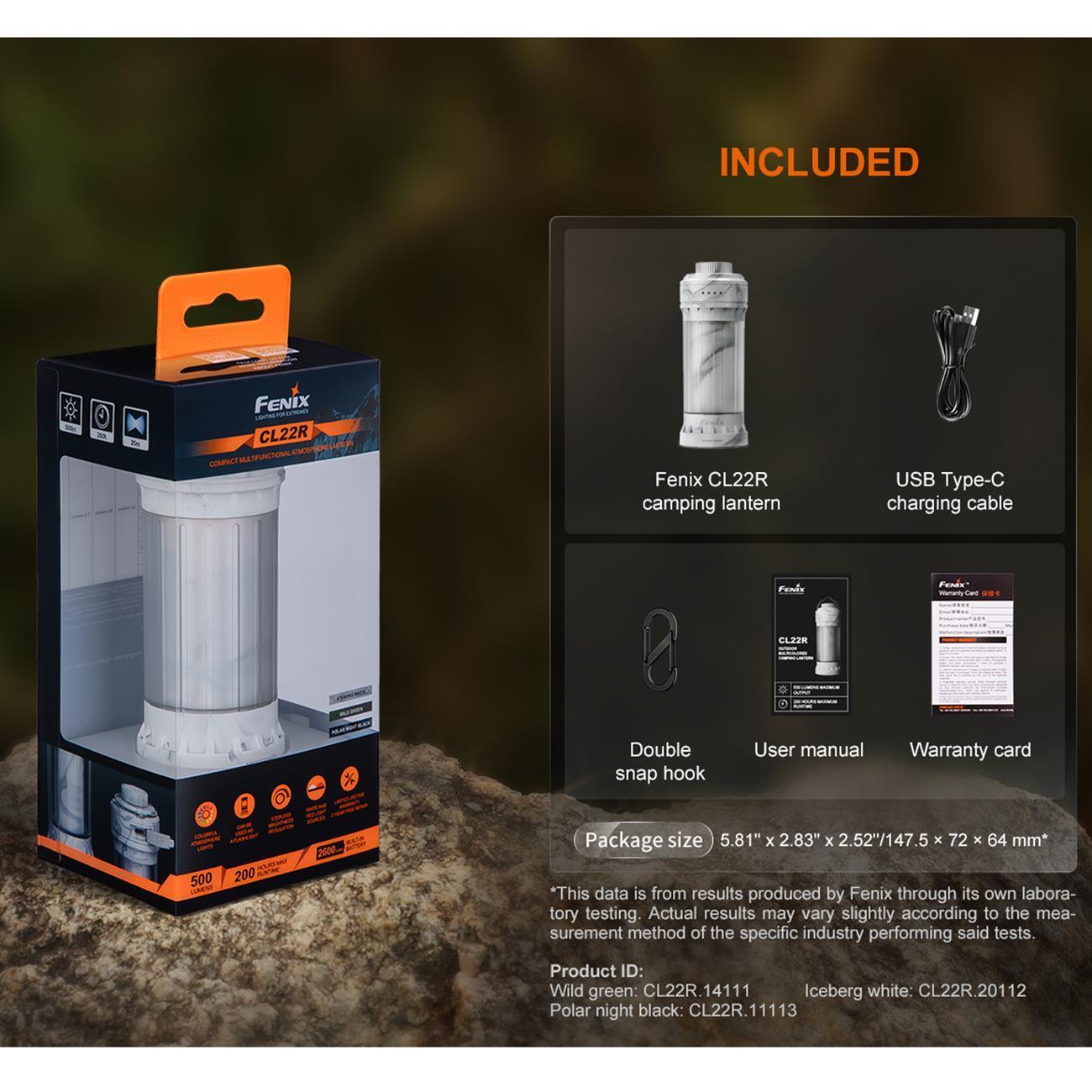 Fenix CL22R – 360° Campingleuchte mit Downlight und RGB-Licht, 500 lm, Akku, USB-C – Lieferumfang und Zubehör