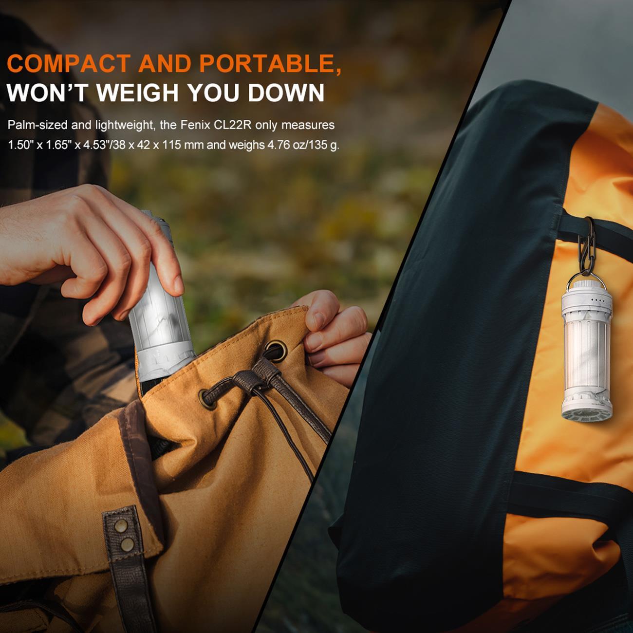 Fenix CL22R – 360° Campingleuchte mit Downlight und RGB-Licht, 500 lm, Akku, USB-C – Größe und Abmessungen