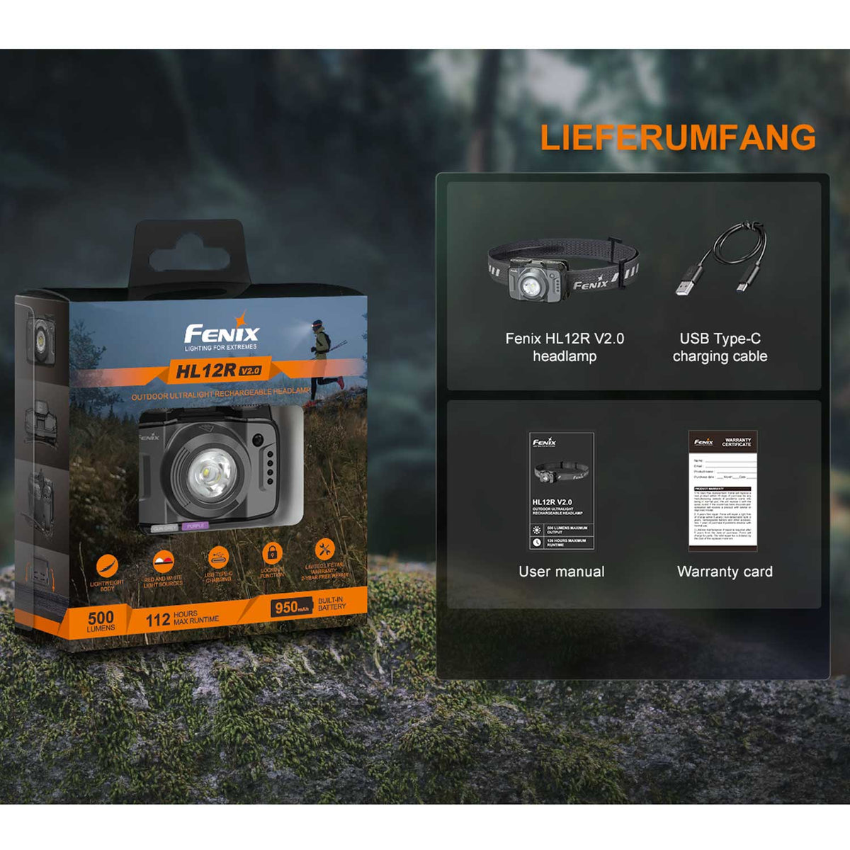 Fenix HL12R V2.0 LED Stirnlampe 500 Lumen mit Rotlicht & USB-C Ladefunktion in 2 Farben – Detailansicht