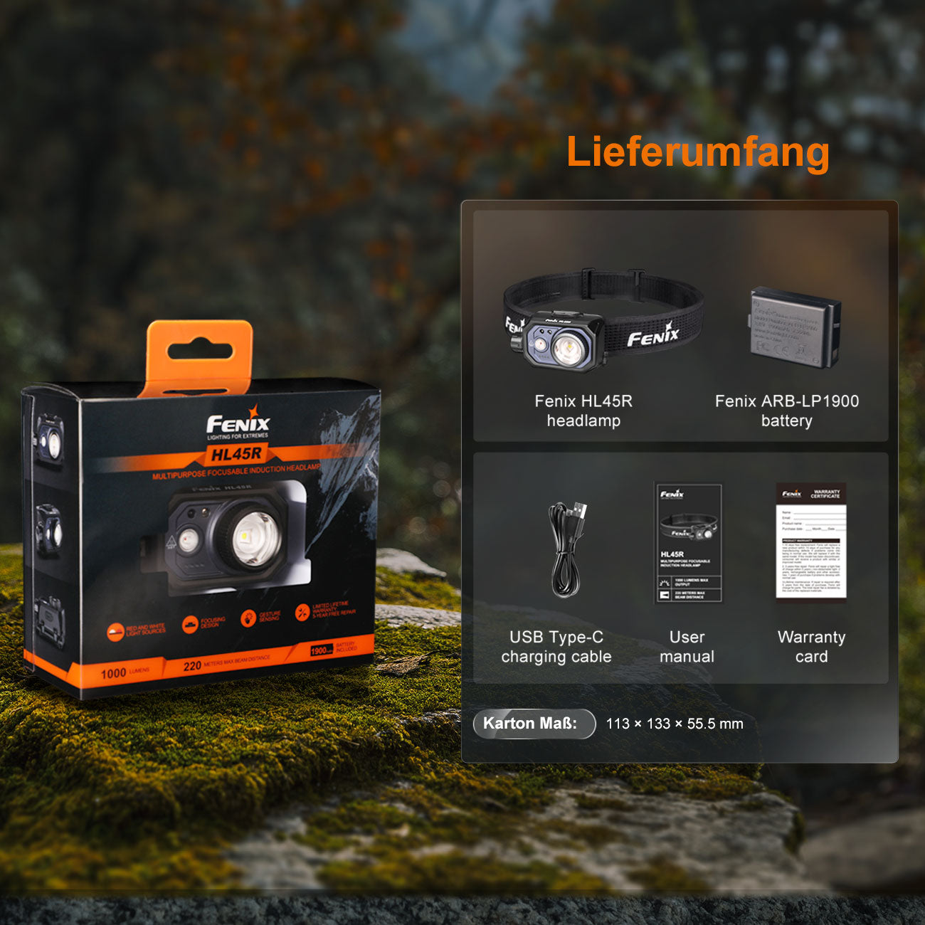 Fenix HL45R fokussierbare LED Stirnlampe 1000 Lumen Rotlicht USB-C wiederaufladbar – Detailansicht