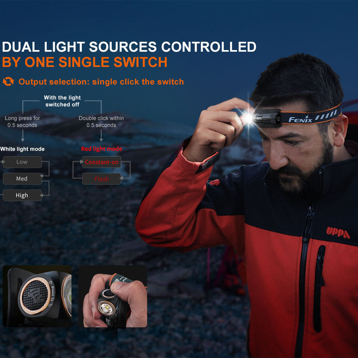Fenix HM23 V2.0 LED Stirnlampe 300 Lumen, kompakt, magnetische Endkappe, Rotlicht – Detailansicht