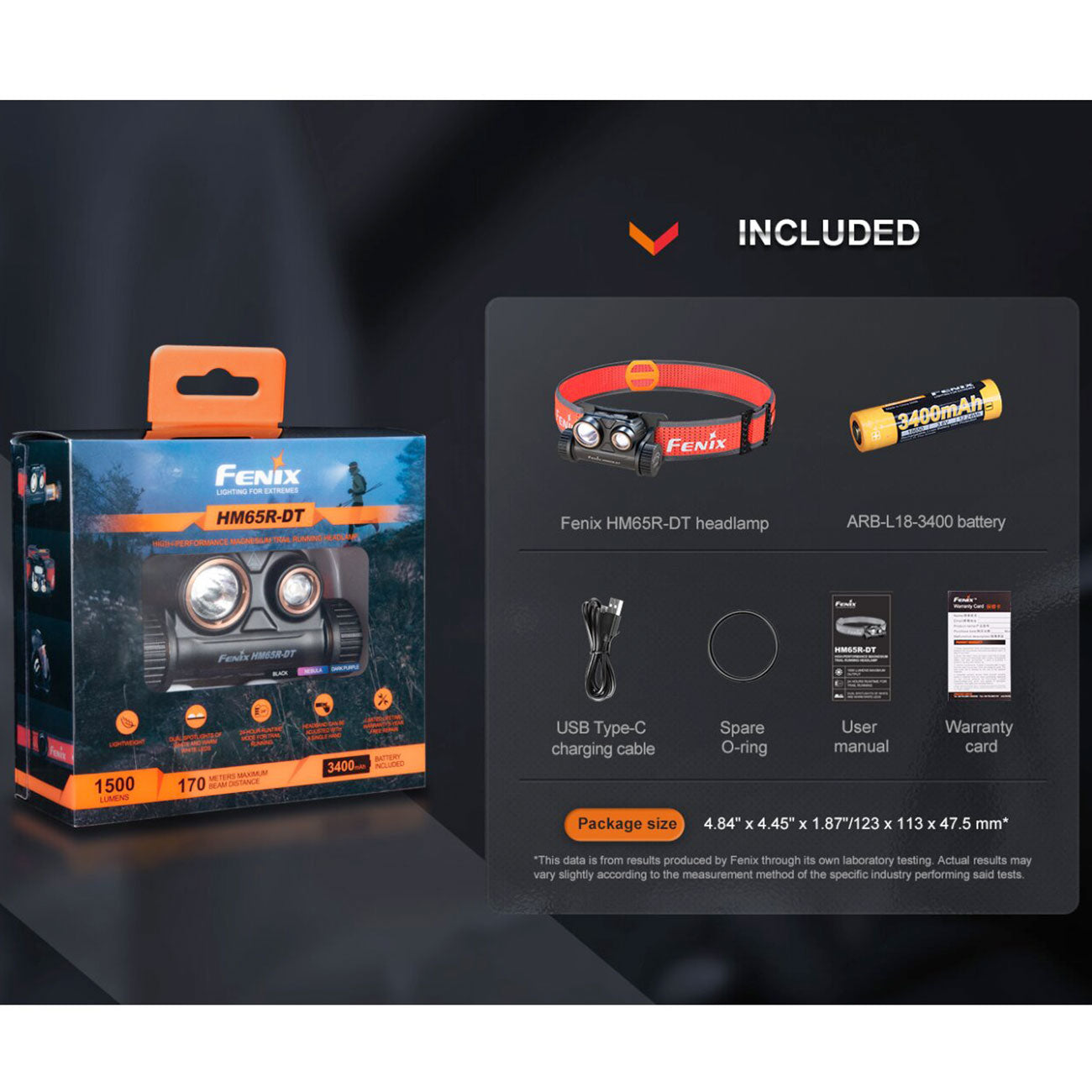Fenix HM65R-DT LED Stirnlampe 1300 Lumen, Spotlicht, Flutlicht, USB-C – Detailansicht