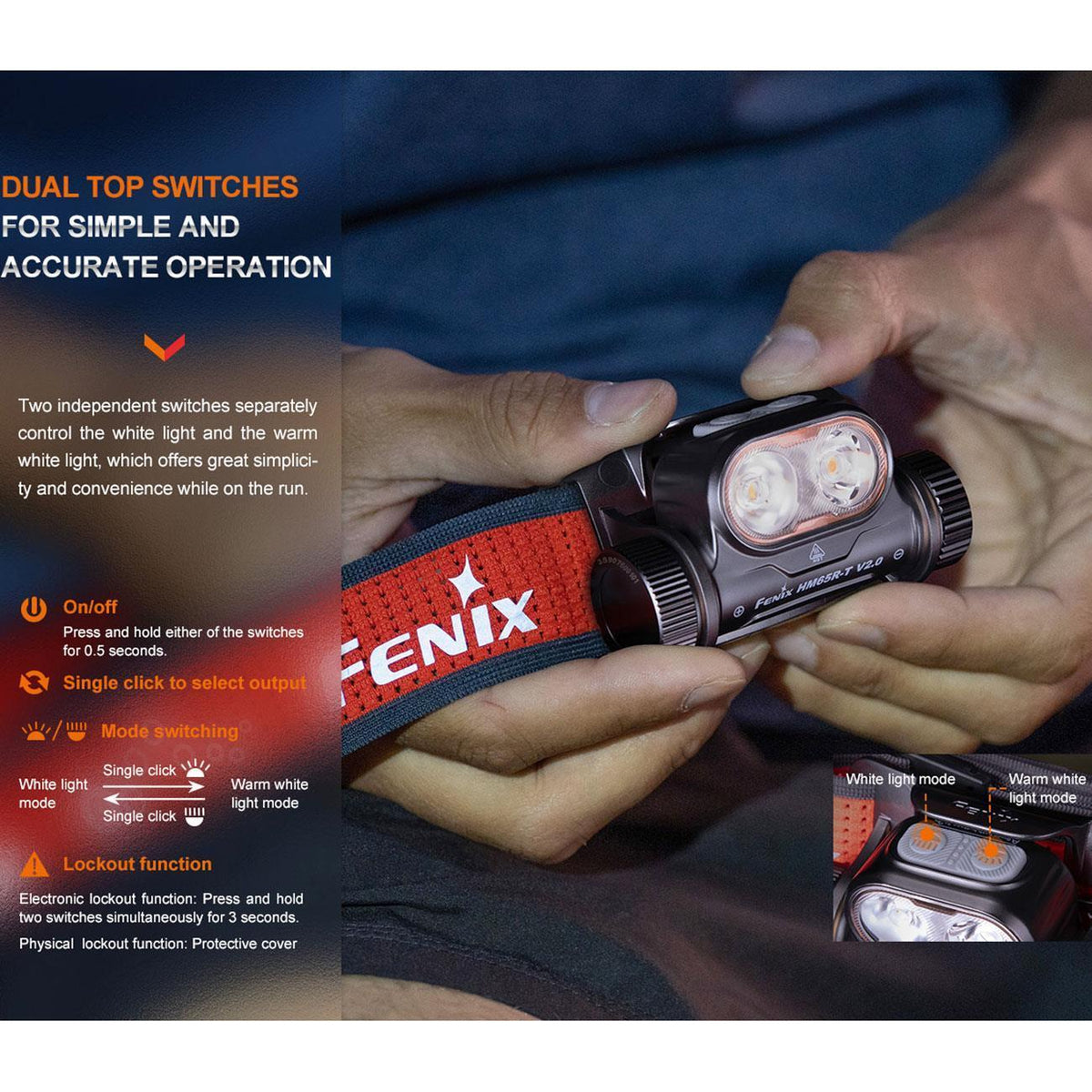 Fenix HM65R-T V2.0 Trailrunning Dual LED Stirnlampe 1600 Lumen 3 Farbvarianten – Schalter und Endkappe, Kopfband und Tragesystem