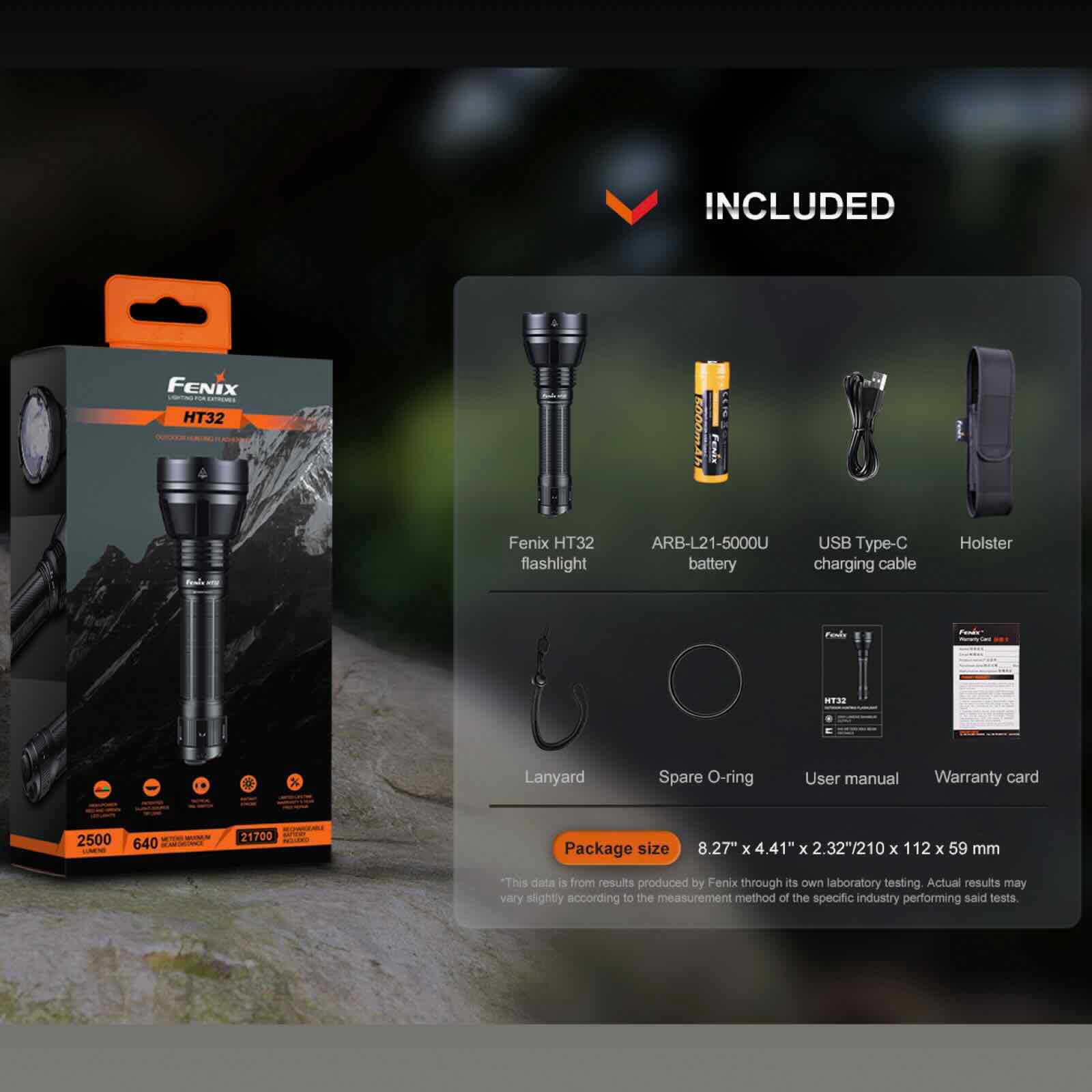Fenix HT32 – Jagd-Taschenlampe mit 2500 lm, Rot- und Grünlicht, USB-C-Akku – Lieferumfang und Zubehör