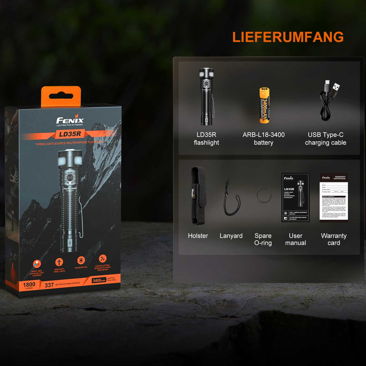 Fenix LD35R LED Taschenlampe mit 360° Seitenlicht weiß, rot, blau 1800 Lumen USB-C – Detailansicht