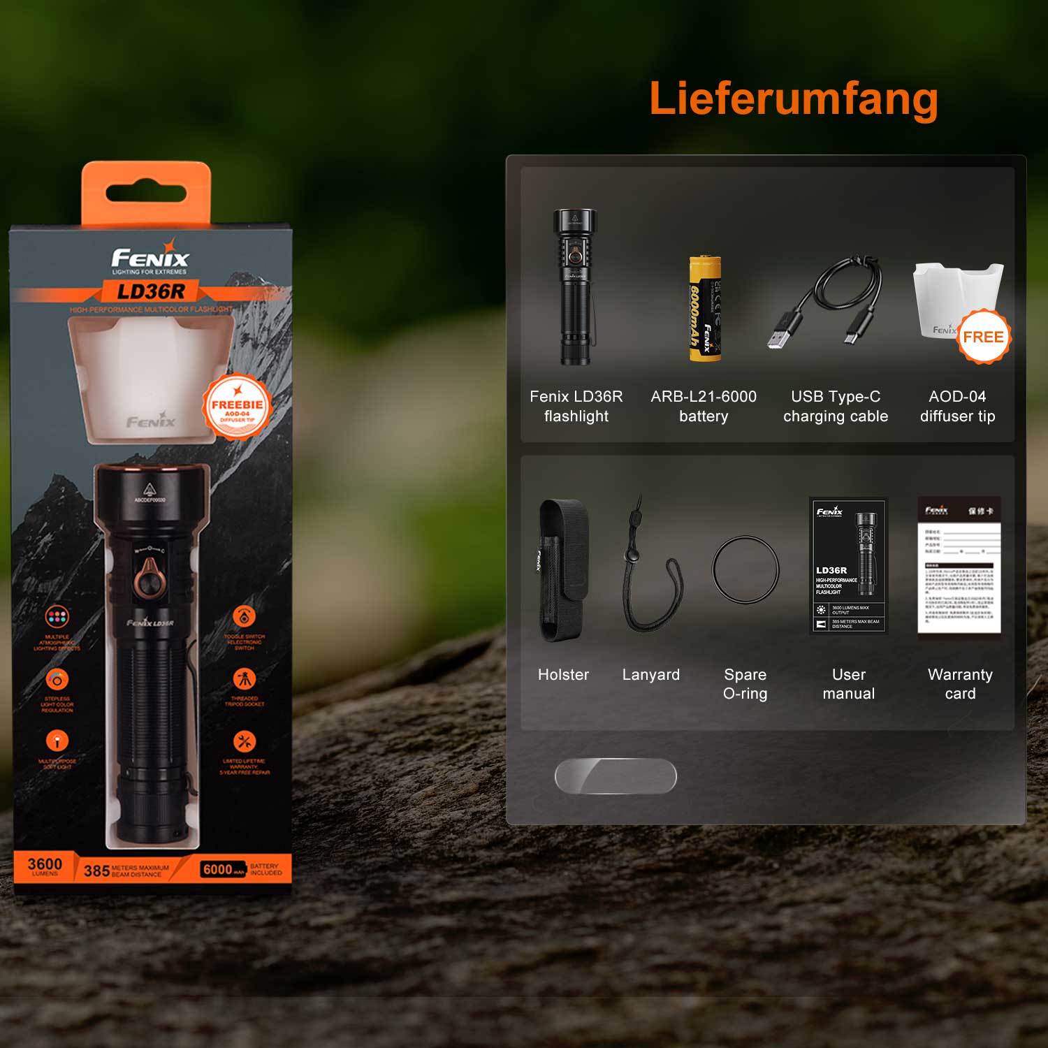 Fenix LD36R – LED Taschenlampe mit RGB-Farbmischung, 3600 lm, Akku & USB-C – Lieferumfang und Verpackung