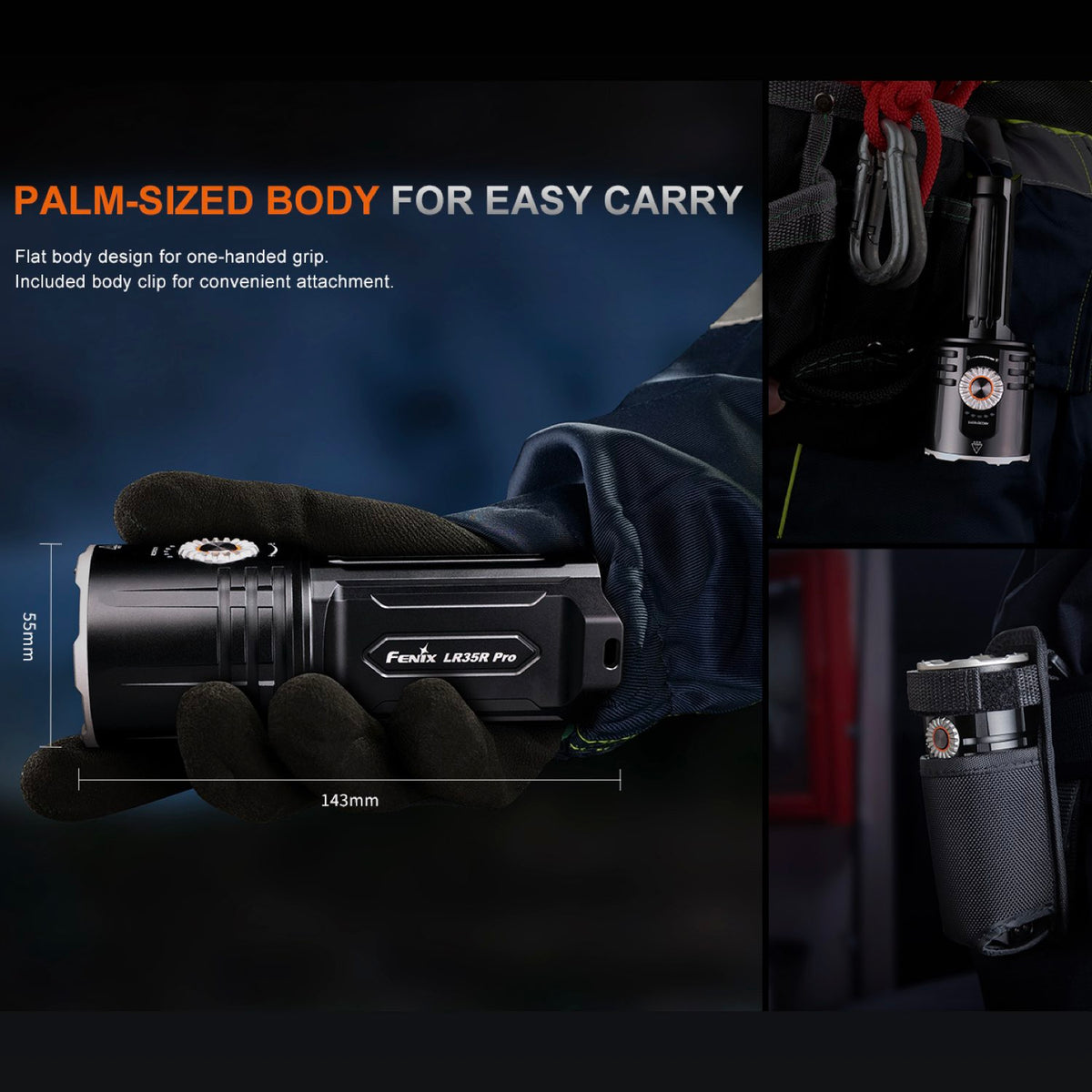 Fenix LR35R Pro – LED Taschenlampe mit 10.000 Lumen, Rotlicht & UV, Akku, USB-C – Detailansicht
