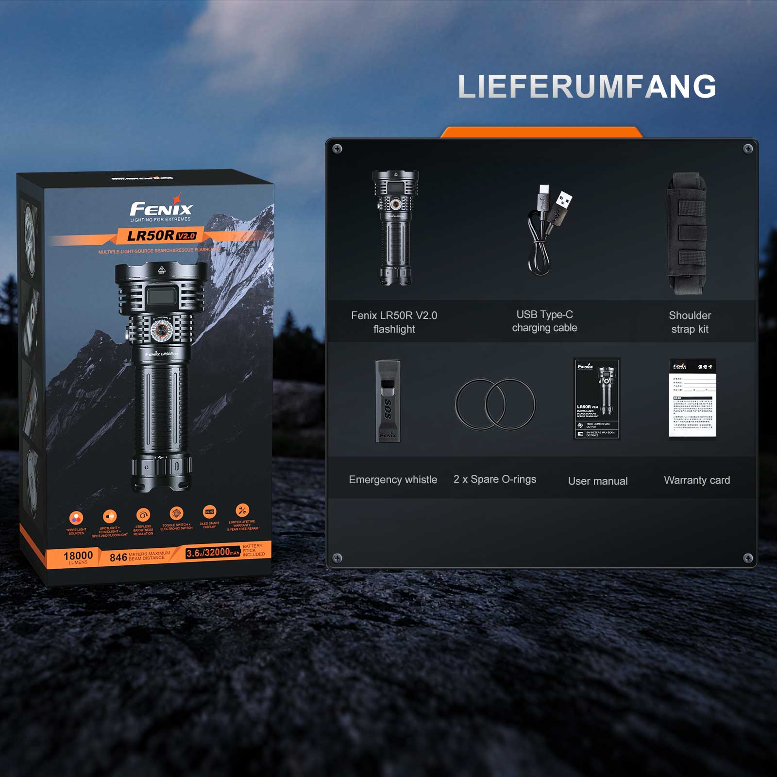 Fenix LR50R V2.0 LED Taschenlampe - Aufzählung Lieferumfang
