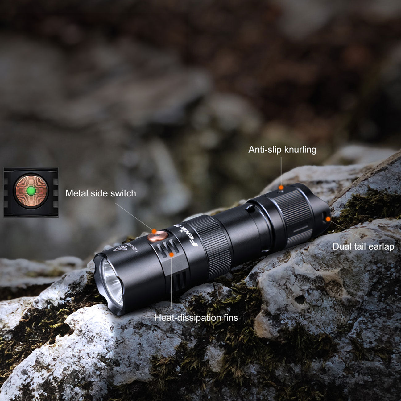 Fenix PD25R LED Taschenlampe 800 Lumen, 250m Leuchtweite,USB-C, Akku, Gürtelclip – Detailansicht