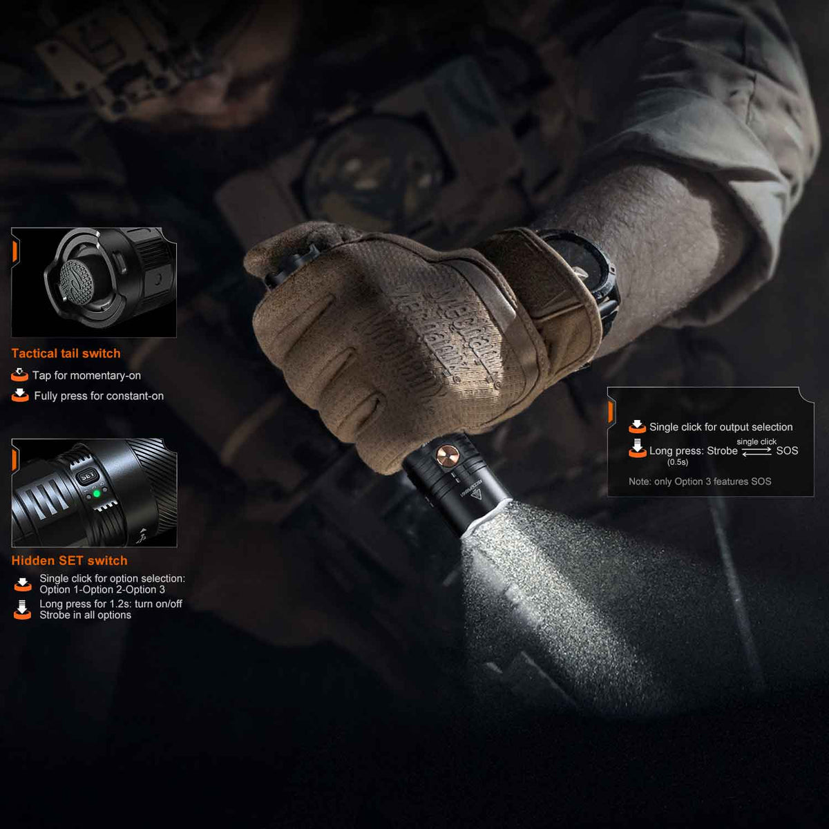 Fenix PD36R ACE – LED Taschenlampe 3000 Lumen, Akku & USB-C, SET-Modus – Detailansicht