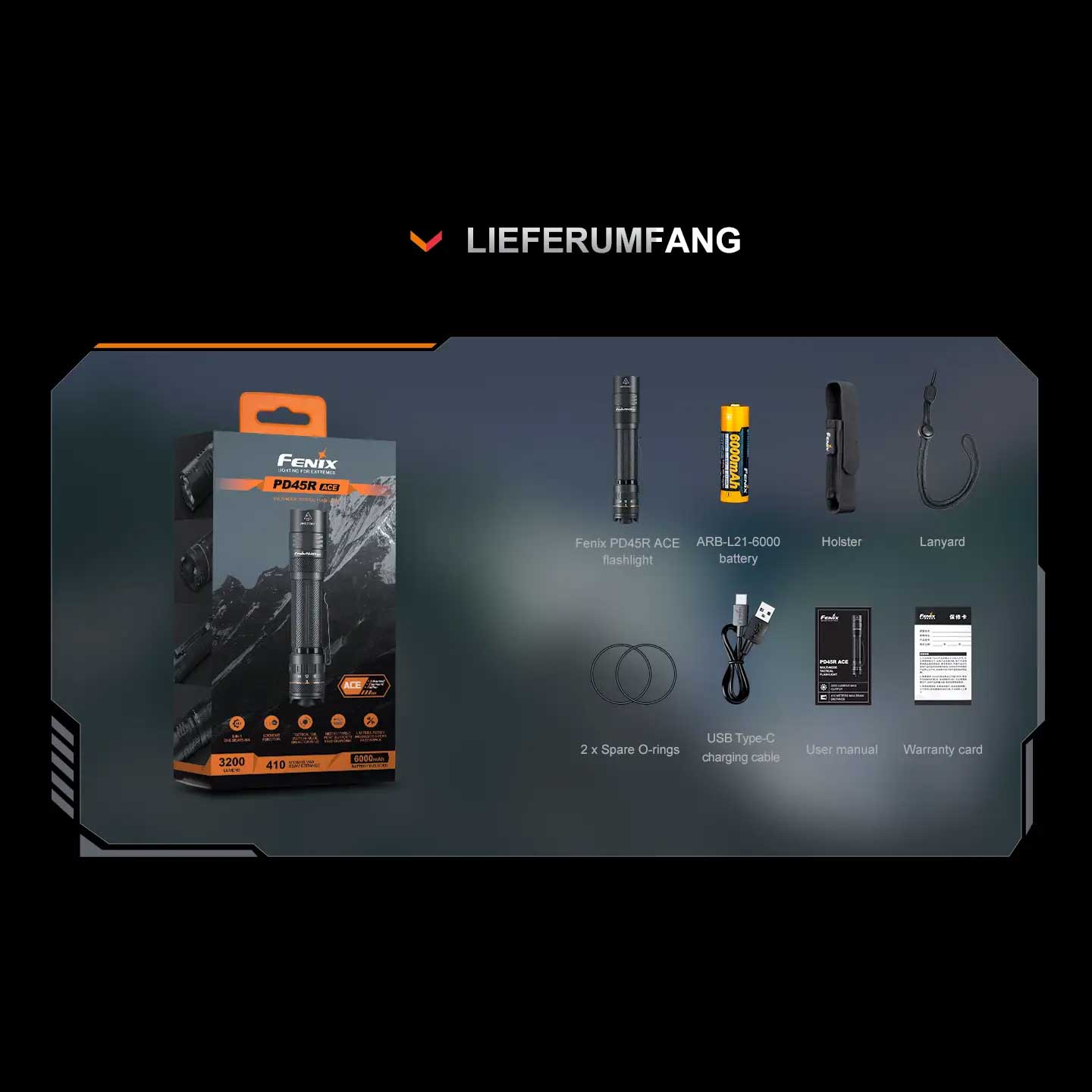Fenix PD45R ACE LED Taschenlampe 3200 Lumen 21700 Akku USB-C – Detailansicht