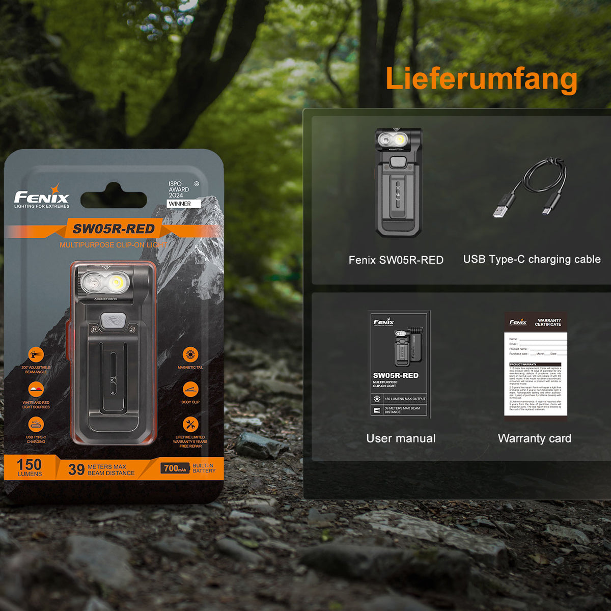 Fenix SW05R-RED LED Taschenlampe 150 Lumen Weißlicht + Rotlicht USB-C schwarz (B-Ware)