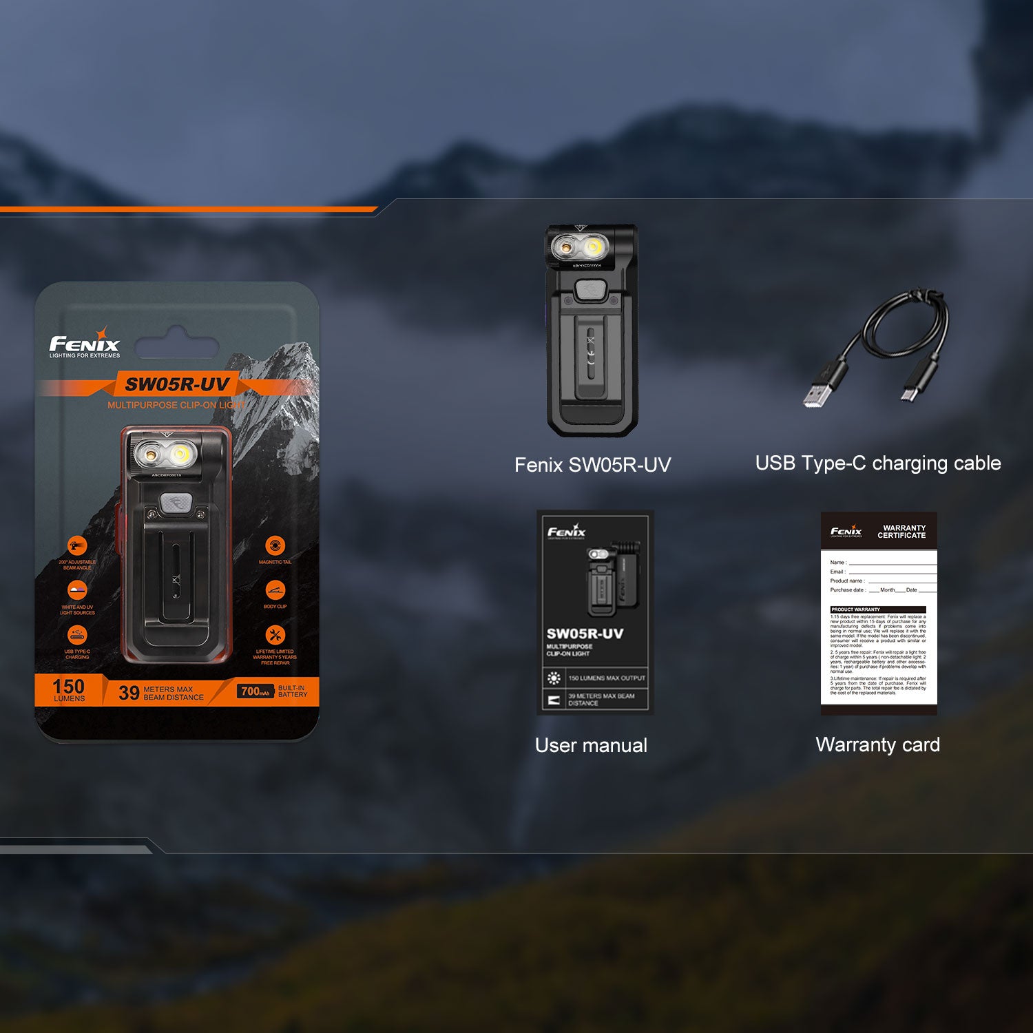Fenix SW05R-UV LED Taschenlampe 150 Lumen Weißlicht + UV-Licht mit Clip & Magnet – Detailansicht