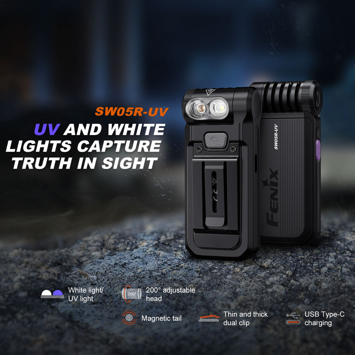 Fenix SW05R-UV LED Taschenlampe 150 Lumen Weißlicht + UV-Licht mit Clip & Magnet – Detailansicht