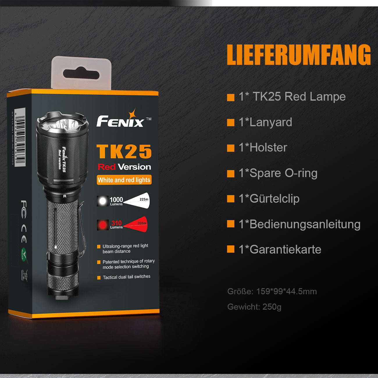 Fenix TK25 RED – Jagd Taschenlampe mit Rotlicht und 1000 Lumen Weißlicht – Detailansicht