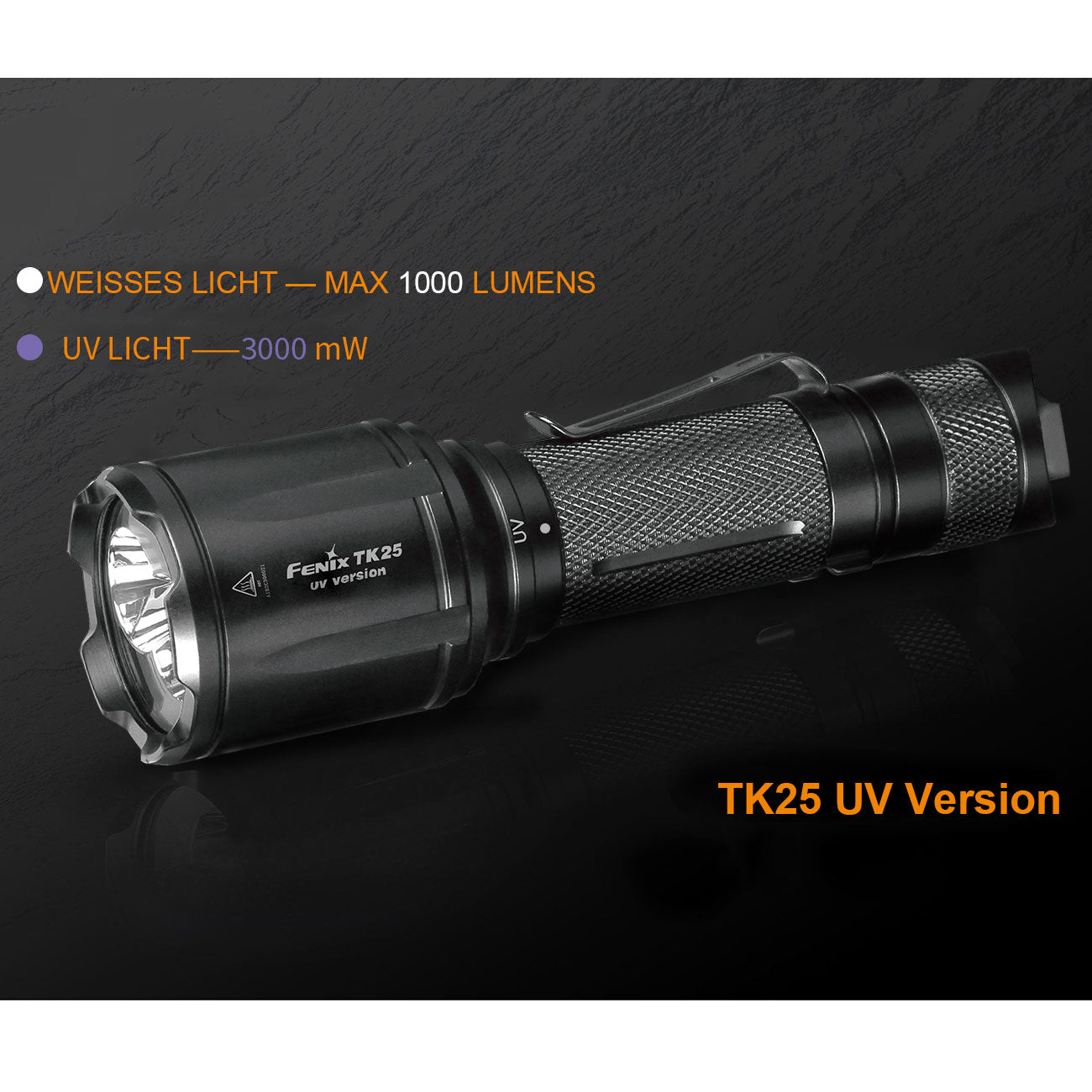 Fenix TK25 UV – Polizei Taschenlampe mit UV-Licht 365 nm und 1000 Lumen Weißlicht – Detailansicht