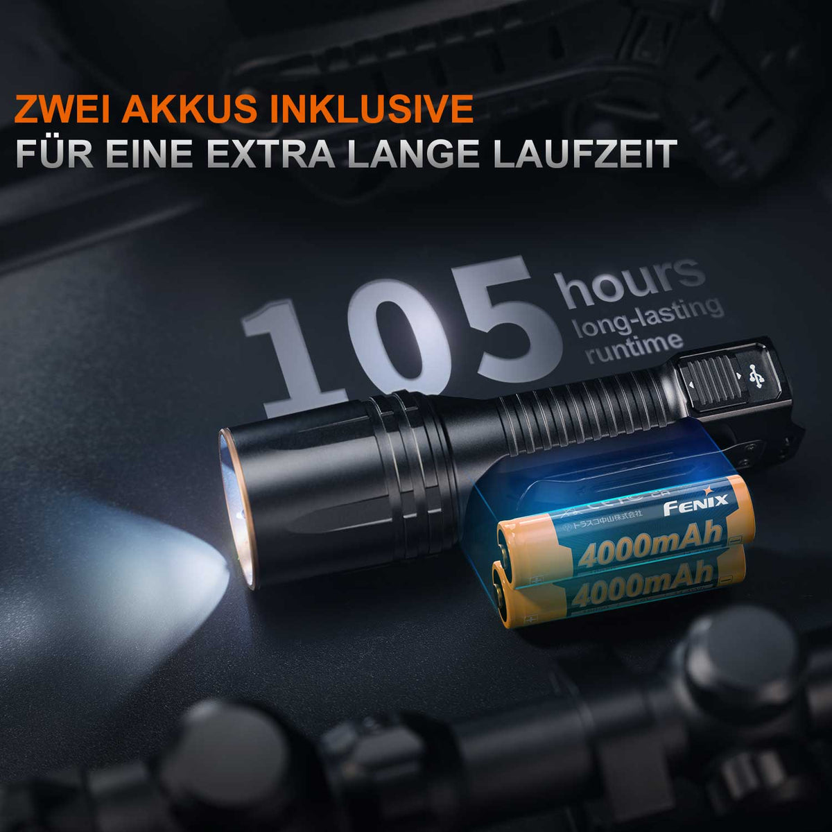 Fenix TK35R – Polizei Taschenlampe mit UV-Licht & Weißlicht 5800 Lumen Akku & USB-C – Detailansicht