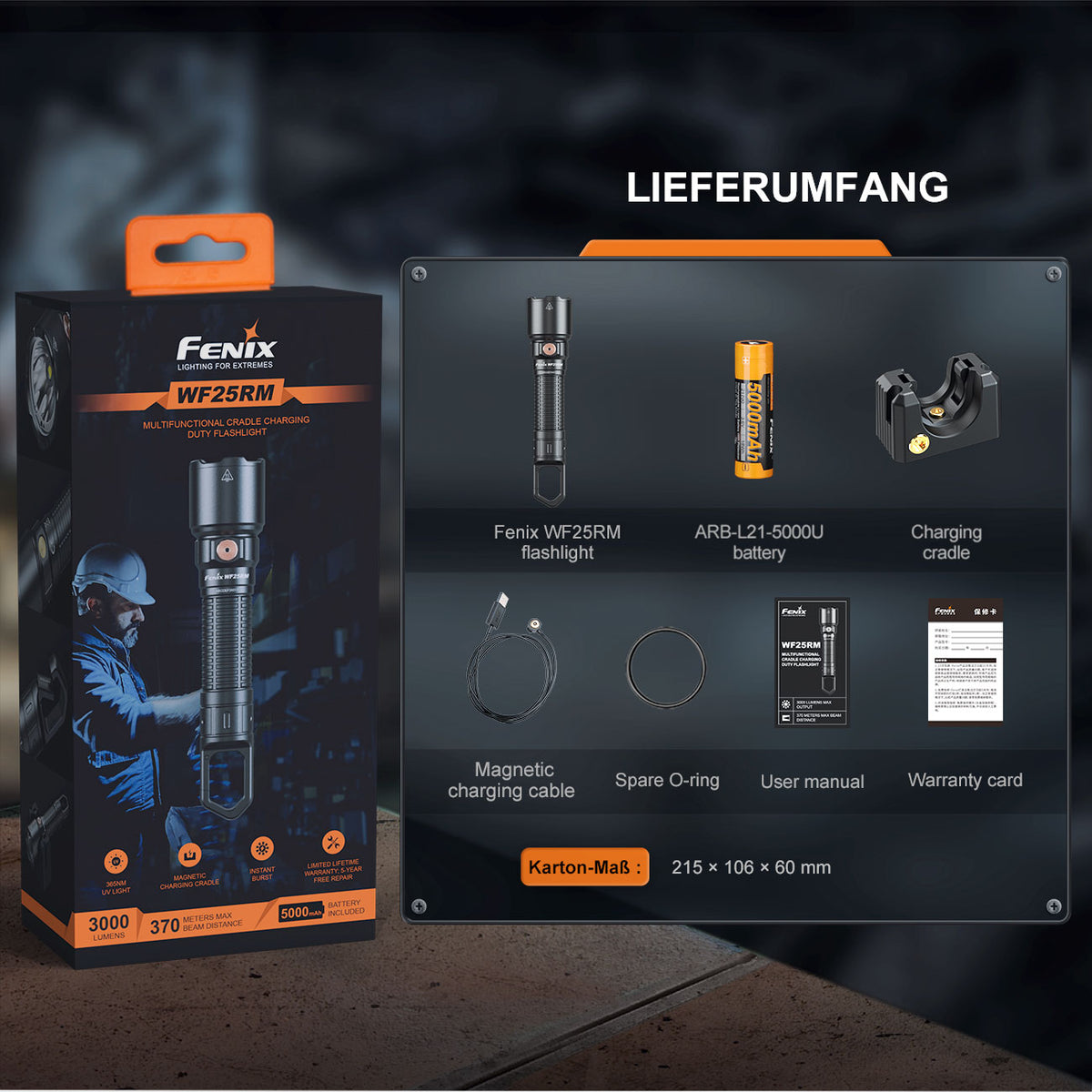 Fenix WF25RM – Polizei Taschenlampe mit Ladestation, 3000 lm, Weiß- & UV-Licht – Lieferumfang und Verpackung, UV-Licht