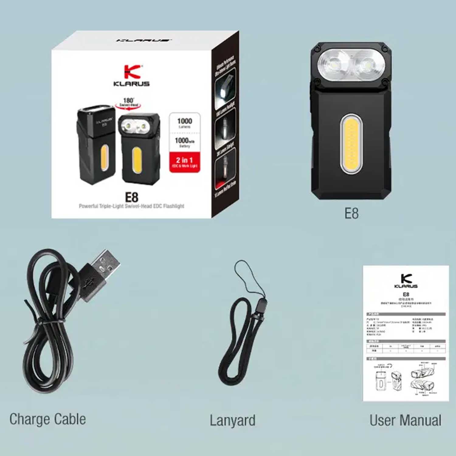 Klarus E8 1000 Lumen – LED Winkellampe mit Seitenlicht und USB-C – Detailansicht