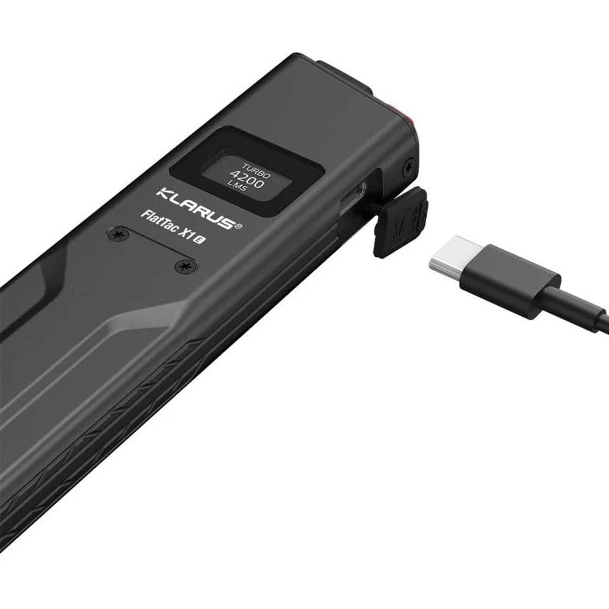 Klarus X1 FlatTac V3 – Flache Taschenlampe mit 4200 Lumen, OLED-Display, USB-C – Detailansicht
