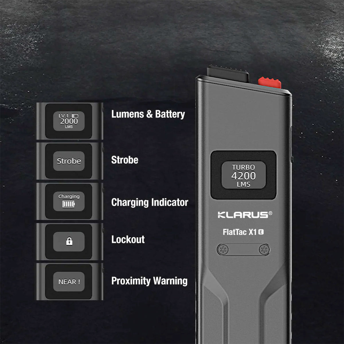 Klarus X1 FlatTac V3 – Flache Taschenlampe mit 4200 Lumen, OLED-Display, USB-C – Detailansicht