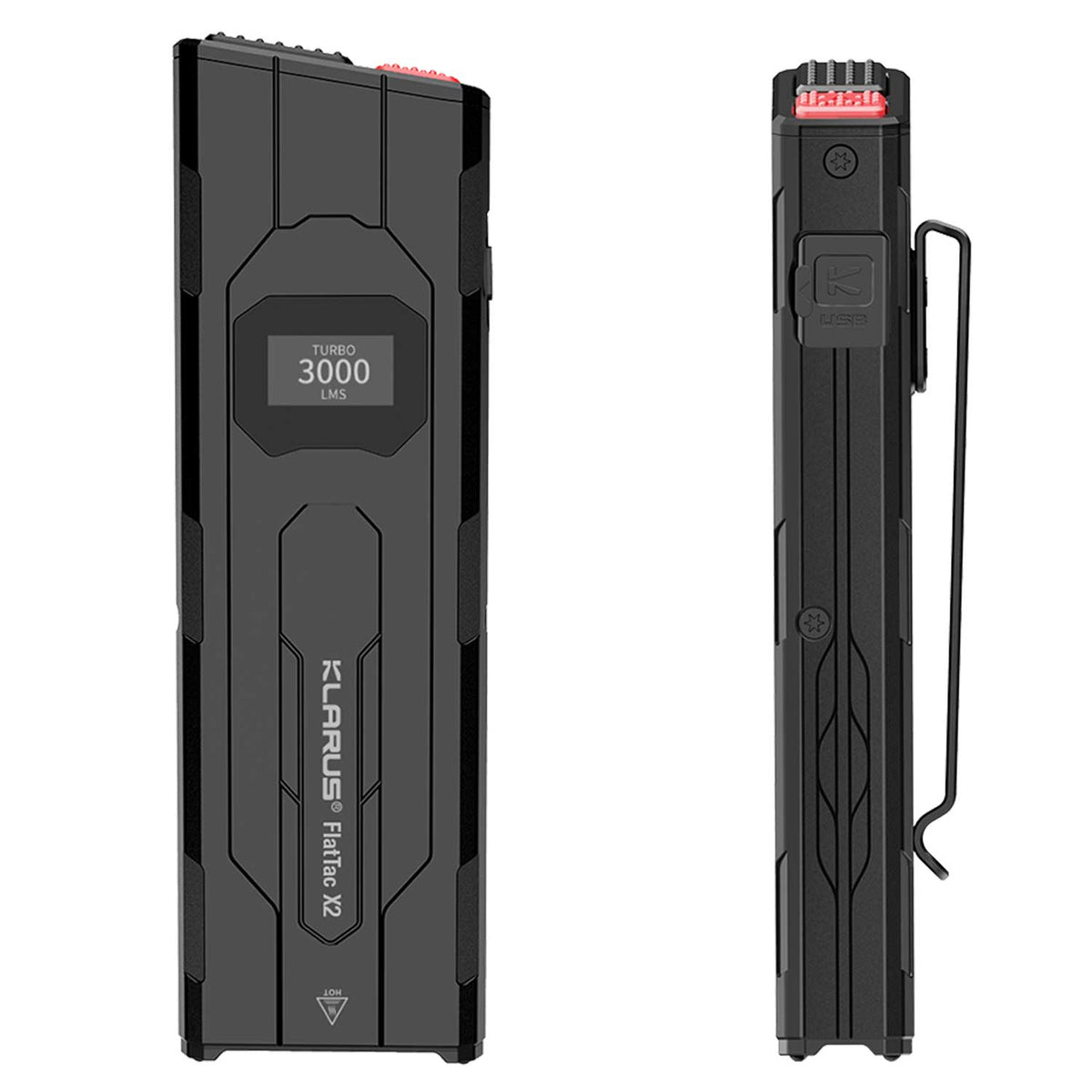Klarus FlatTac X2 – flache EDC-Taschenlampe mit 3000 Lumen, OLED Display, USB-C – Detailansicht