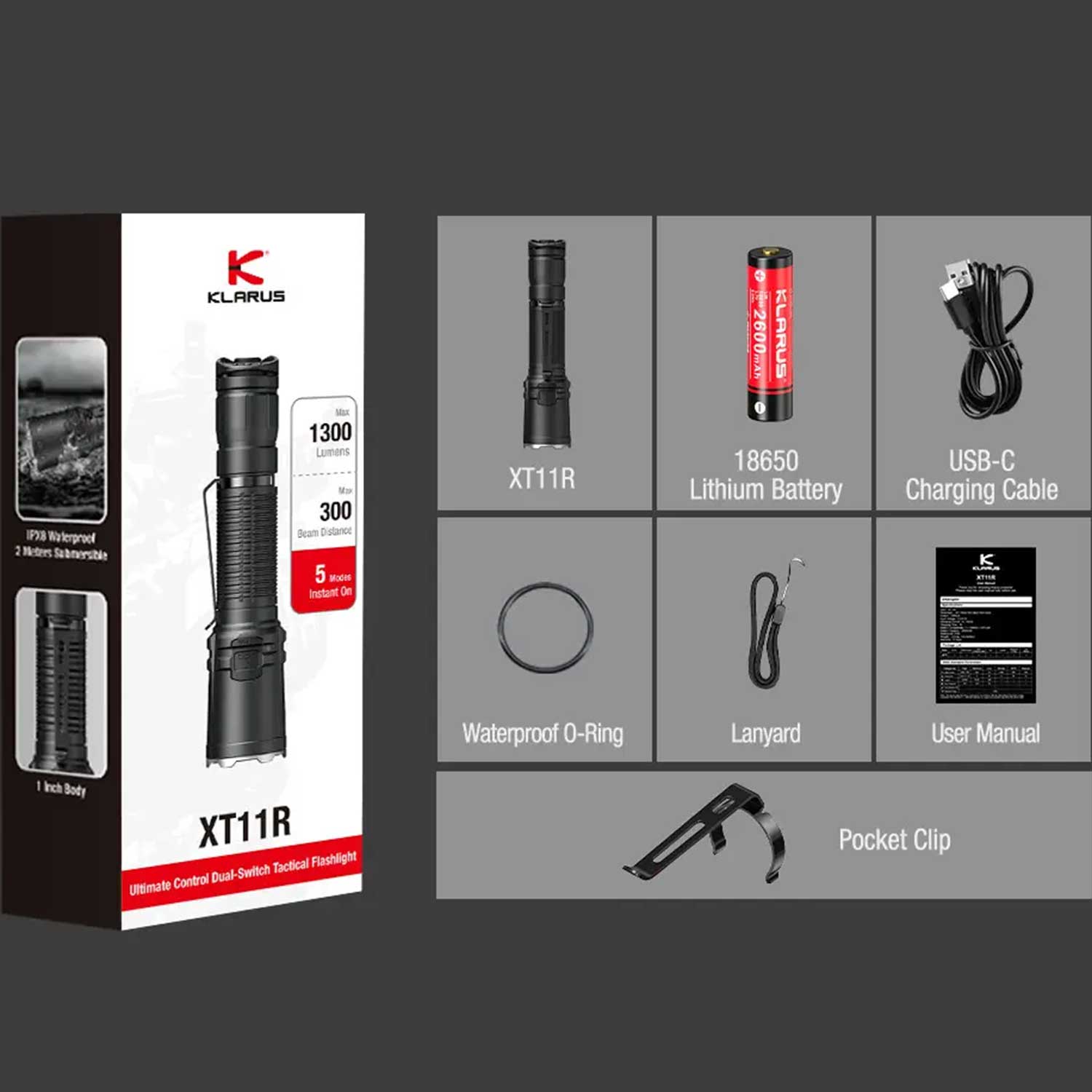 Klarus XT11R – Polizei Taschenlampe 1300 Lumen mit Akku und USB-C (Modell 2025) – Detailansicht