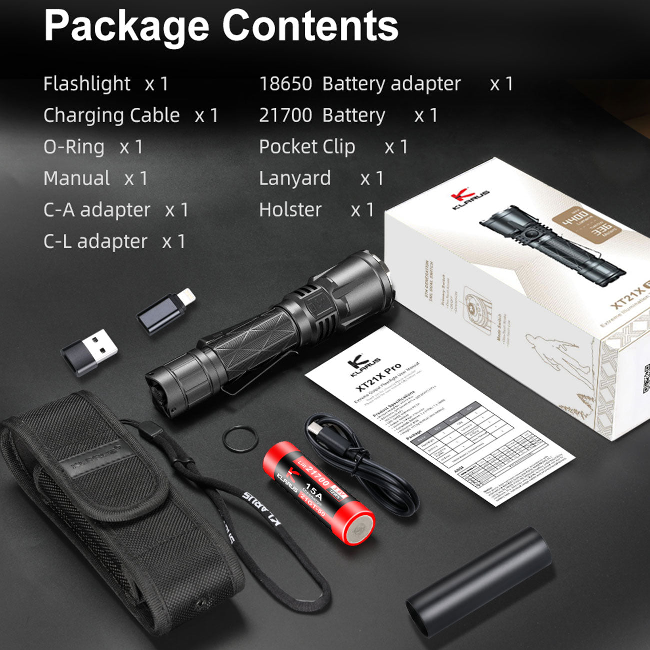 Klarus XT21X Pro – Polizei Taschenlampe 4400 Lumen mit Akku & USB-C – Detailansicht