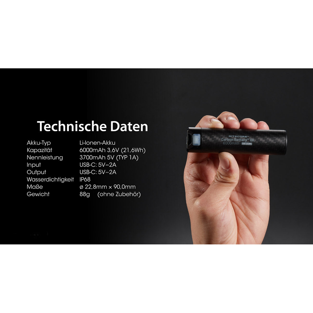 Nitecore Carbon Battery 6K Powerbank – Detailansicht