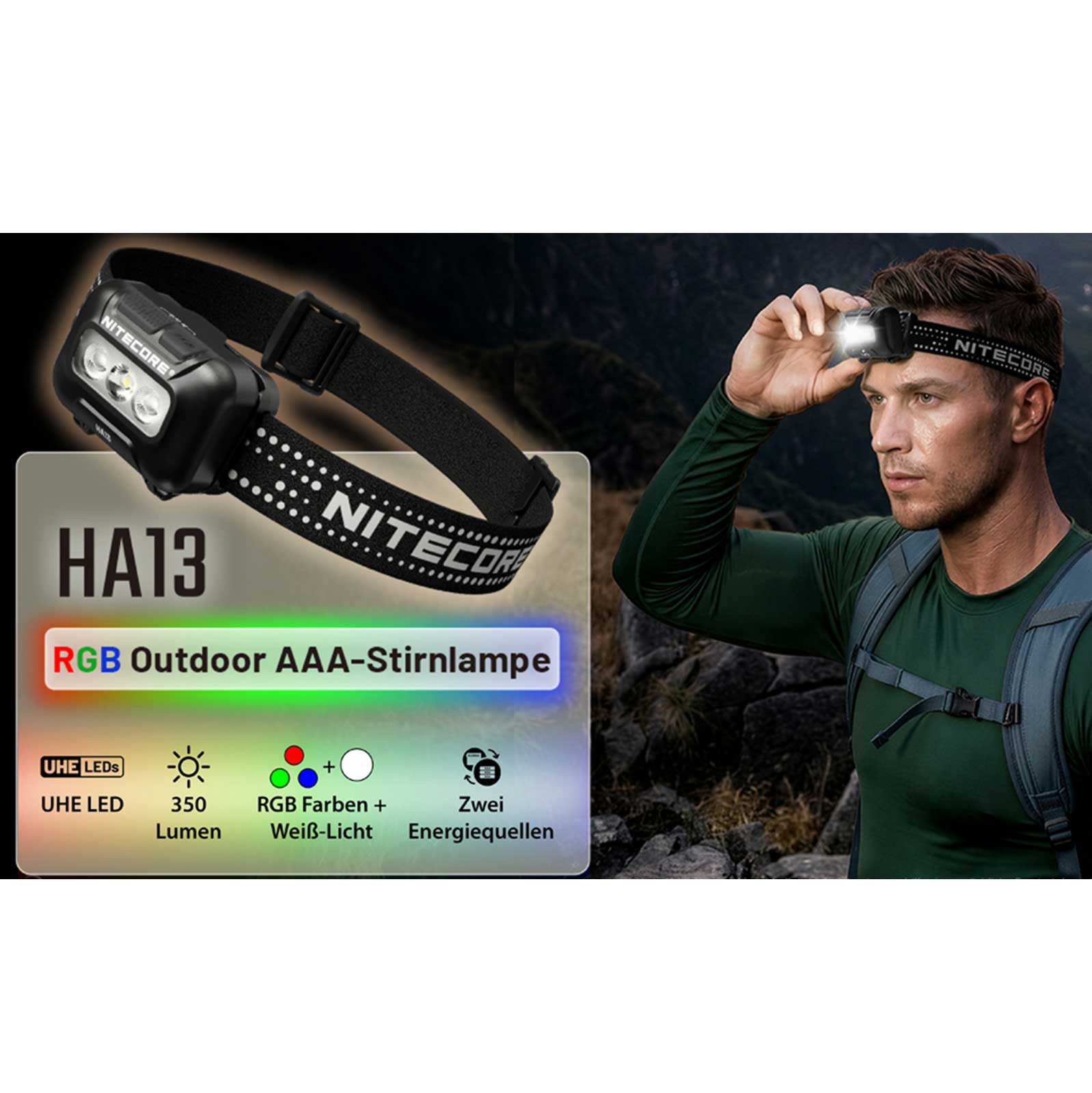 Nitecore HA13 RGB – Stirnlampe mit 4 Lichtfarben, 350 lm, AAA- oder HLB1500-Akku