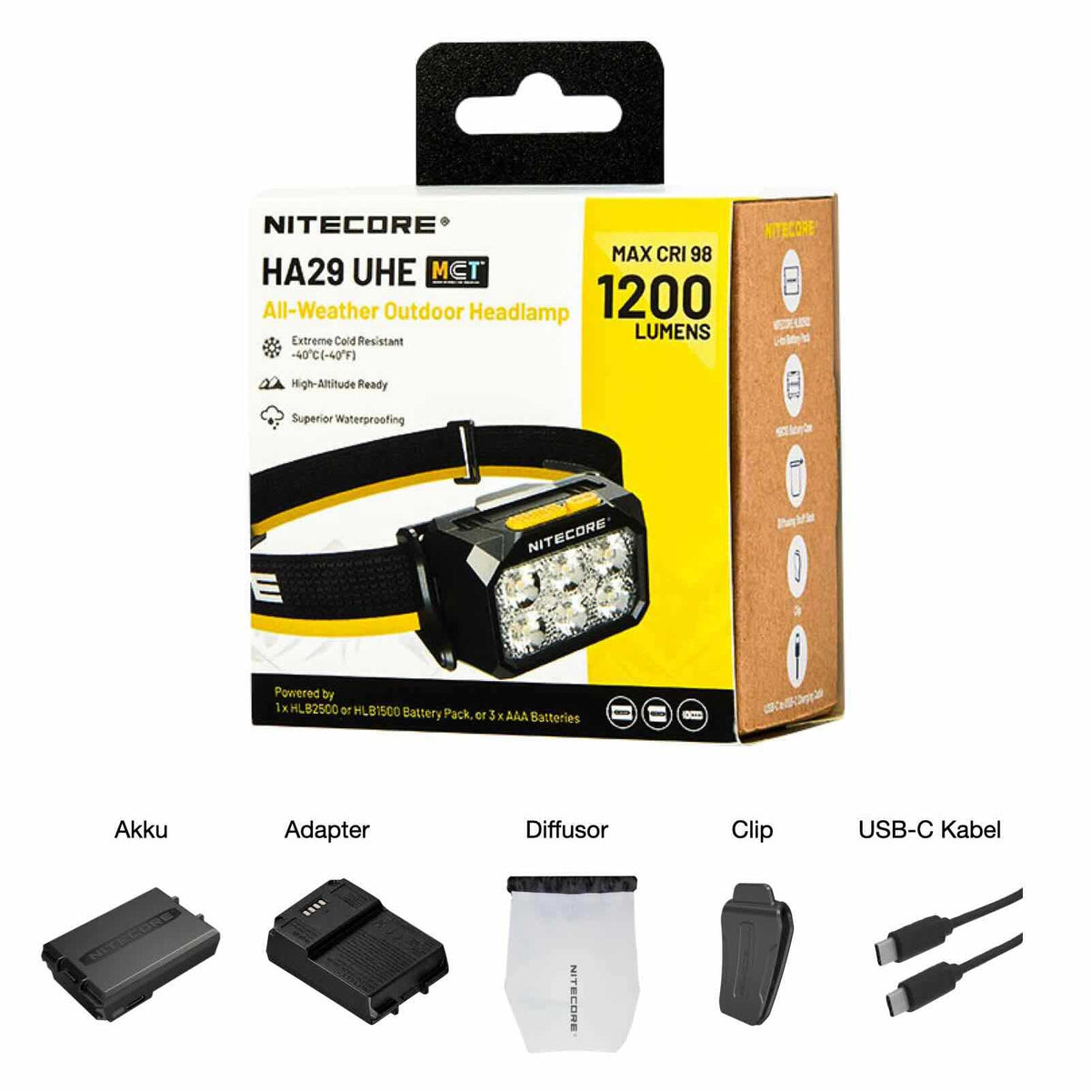 Nitecore HA29 UHE – Stirnlampe mit 3 Lichtfarben, 1200 lm, Rotlicht, USB-C Akku – Lieferumfang und Zubehör / Stirnlampe im Detail
