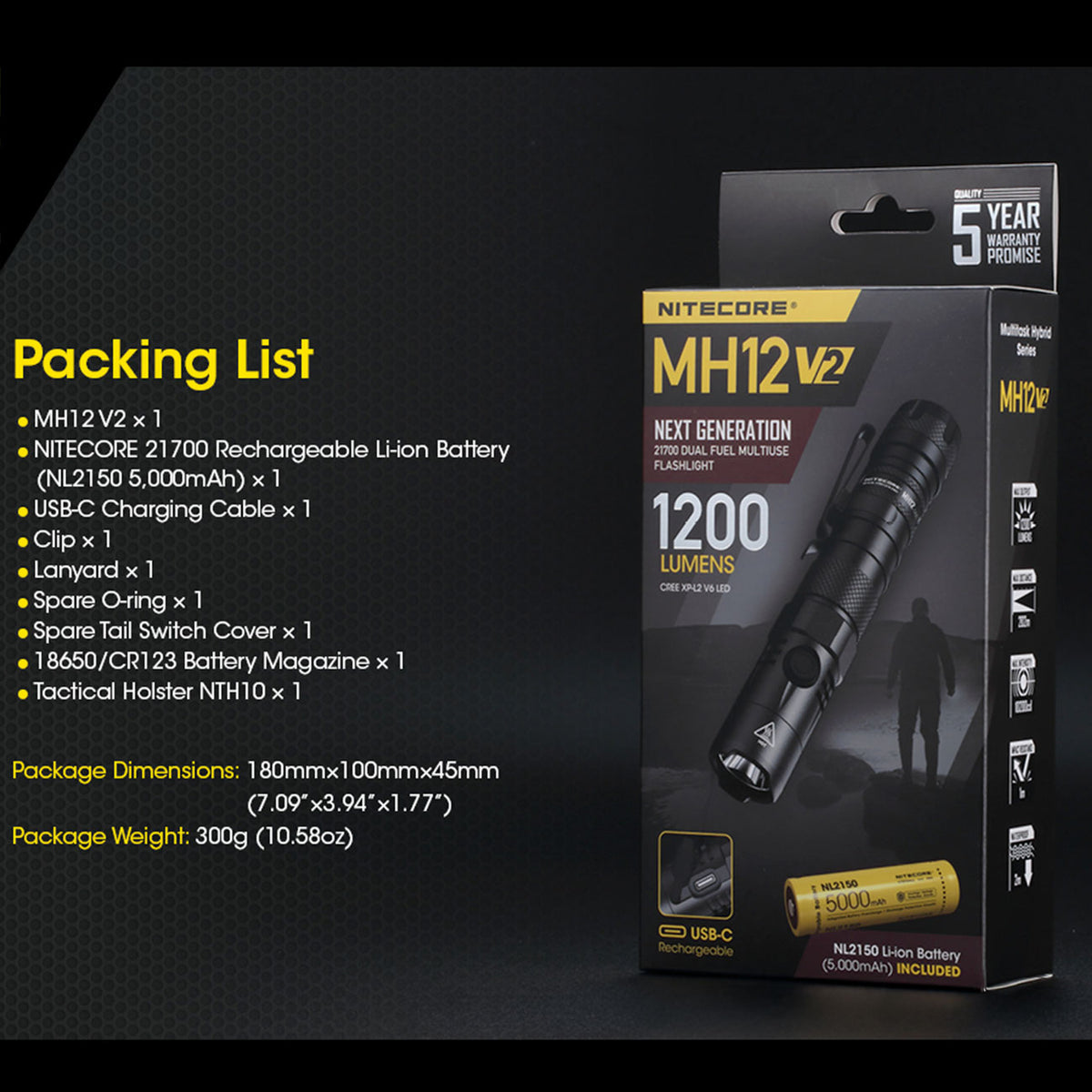 Nitecore MH12 V2 – Taschenlampe mit 1200 Lumen, 21700 Akku, USB-C, Steckholster – Lieferumfang und Verpackung