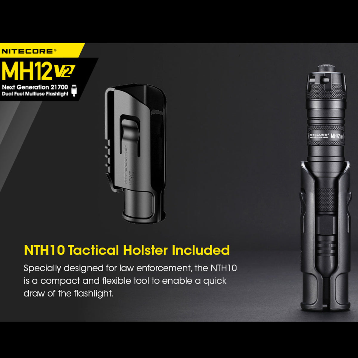Nitecore MH12 V2 – Taschenlampe mit 1200 Lumen, 21700 Akku, USB-C, Steckholster – Holster