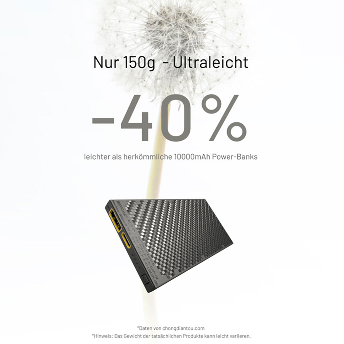 Nitecore Powerbank NB10000 GEN2 - 10000mAh, Carbongehäuse,150g, ultraleicht – Detailansicht